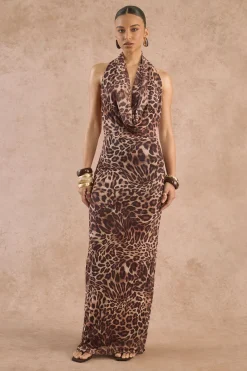 Robe Longue En Maille Léopard À Encolure Américaine