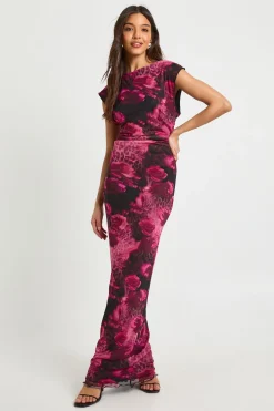 boohoo Robe Longue en Maille à Motifs Floraux Variés avec Taille Froncée<Femme Robes De Soirée|Toutes Les Robes