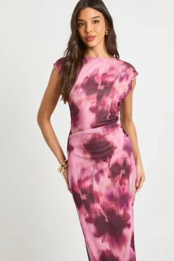 Robe Longue en Maille à Motifs Floraux Flous avec Taille Froncée