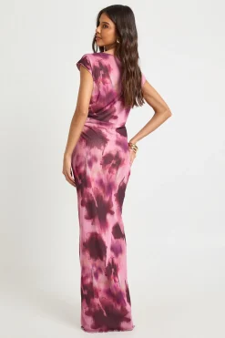 Robe Longue en Maille à Motifs Floraux Flous avec Taille Froncée