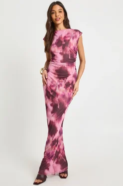 Robe Longue en Maille à Motifs Floraux Flous avec Taille Froncée