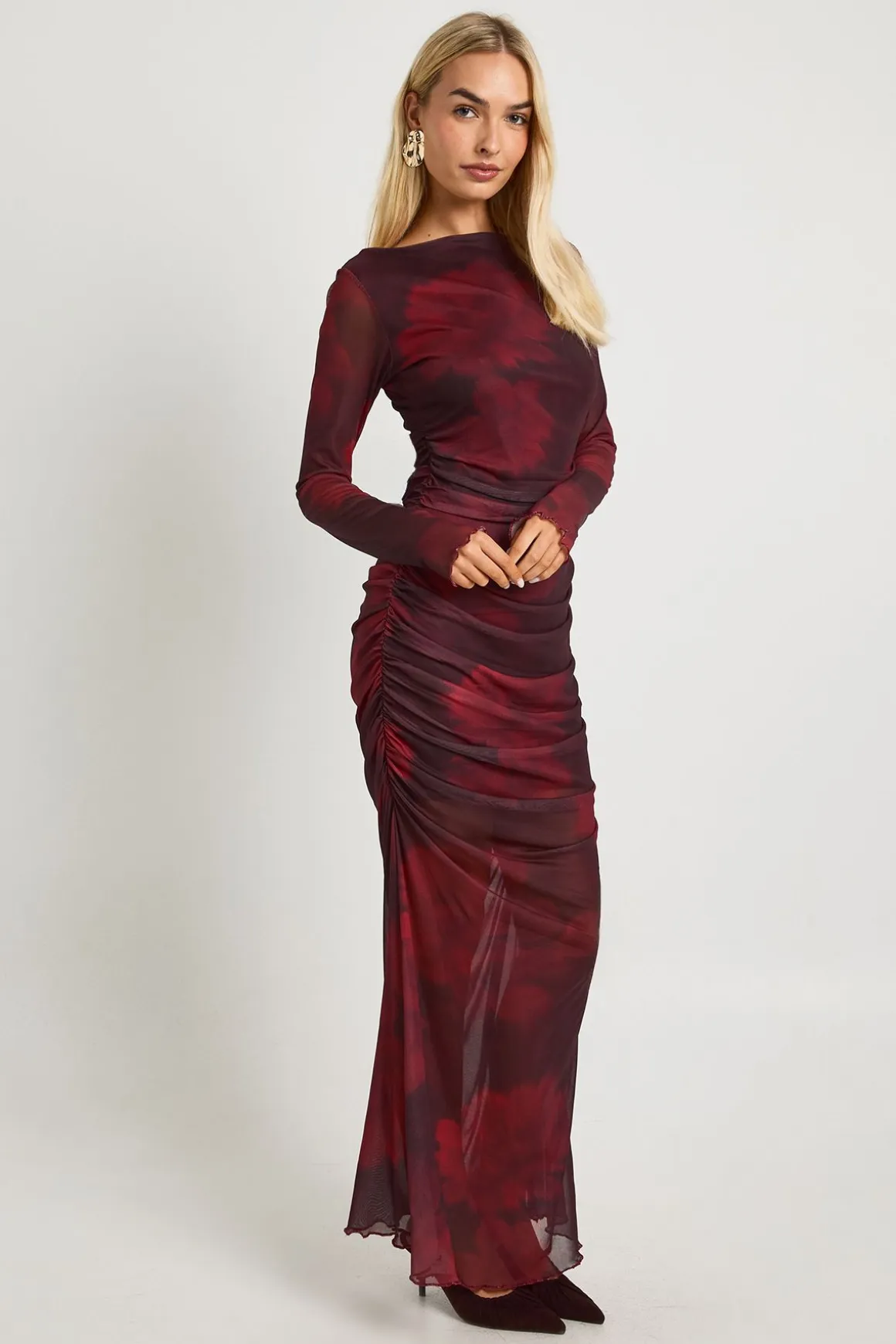 Robe Longue En Mesh À Fronces Florales