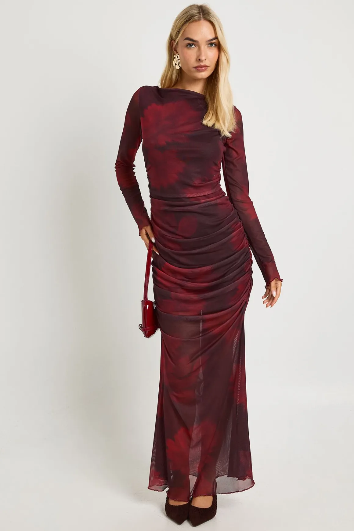 Robe Longue En Mesh À Fronces Florales
