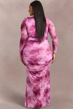 Robe Longue En Mesh Froncé À Imprimé Floral Grande Taille