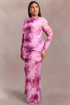 Robe Longue En Mesh Froncé À Imprimé Floral Grande Taille