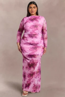 Robe Longue En Mesh Froncé À Imprimé Floral Grande Taille