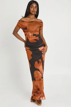 Robe Longue En Mesh À Grandes Fleurs Ton Sur Ton Et Épaules Dénudées