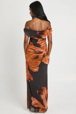 Robe Longue En Mesh À Grandes Fleurs Ton Sur Ton Et Épaules Dénudées