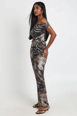 Robe Longue En Mesh À Imprimé Animal Et Épaules Dénudées