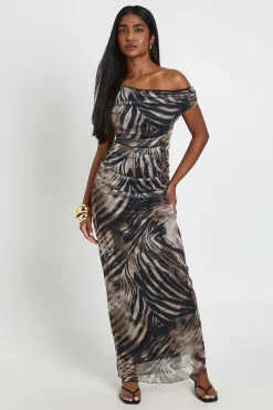 Robe Longue En Mesh À Imprimé Animal Et Épaules Dénudées
