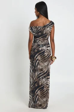 Robe Longue En Mesh À Imprimé Animal Et Épaules Dénudées