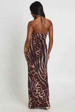 Robe Longue En Mesh Imprimé Animal Avec Détail Croisé Devant