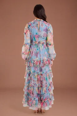 Robe Longue En Mesh À Volants Étagés Imprimée