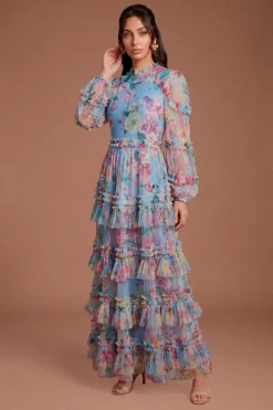 Robe Longue En Mesh À Volants Étagés Imprimée