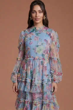 Robe Longue En Mesh À Volants Étagés Imprimée