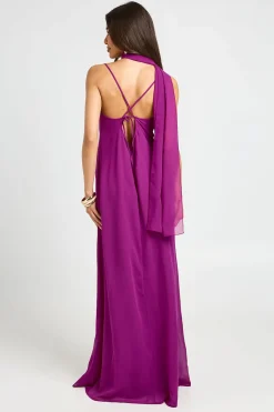 Robe Longue En Mousseline Avec Col Bénitier Et Foulard
