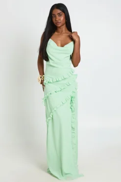 boohoo Robe Longue En Mousseline Col Bénitier Avec Détails À Volants<Femme Robes Bal De Promo|Robes