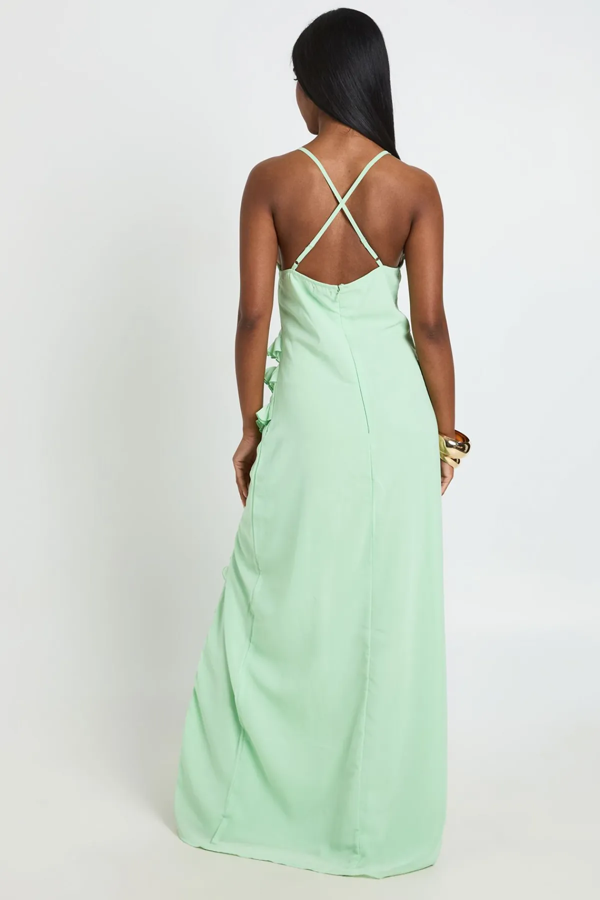 boohoo Robe Longue En Mousseline Col Bénitier Avec Détails À Volants<Femme Robes Bal De Promo|Robes