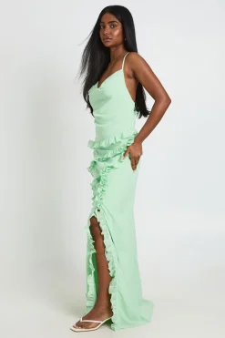boohoo Robe Longue En Mousseline Col Bénitier Avec Détails À Volants<Femme Robes Bal De Promo|Robes