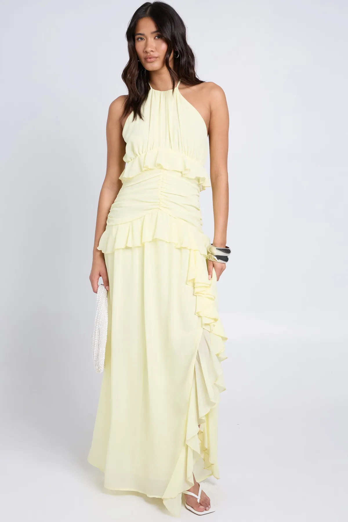 boohoo Robe Longue En Mousseline À Col Licou Avec Détail De Volants<Femme Toutes Les Robes|Robes