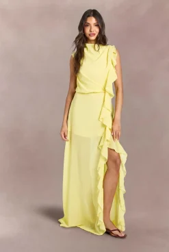 Robe Longue En Mousseline Col Montant Avec Détail De Volants