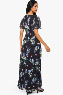 Robe Longue en Mousseline à Décolleté Plongeant et Manches Ange Florales