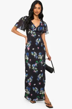 Robe Longue en Mousseline à Décolleté Plongeant et Manches Ange Florales