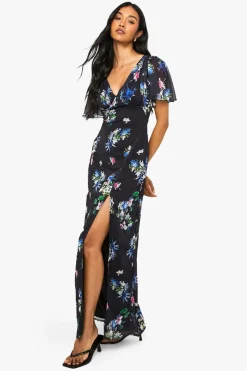 Robe Longue en Mousseline à Décolleté Plongeant et Manches Ange Florales