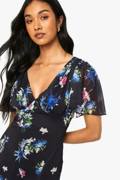 Robe Longue en Mousseline à Décolleté Plongeant et Manches Ange Florales