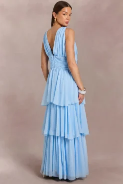 Robe Longue En Mousseline À Décolleté Plongeant Et Volants Étagés