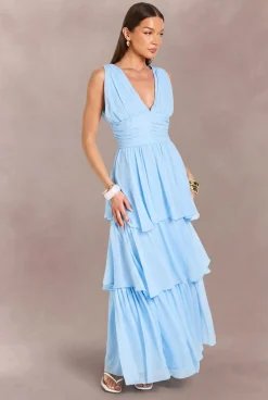 Robe Longue En Mousseline À Décolleté Plongeant Et Volants Étagés