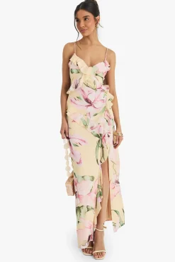 Robe Longue En Mousseline De Soie Froissée À Volants Et Imprimé Floral