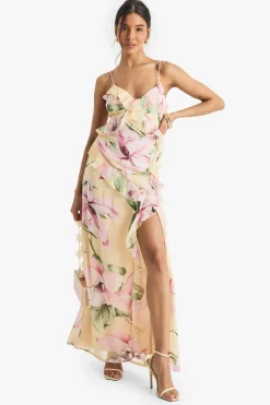 Robe Longue En Mousseline De Soie Froissée À Volants Et Imprimé Floral