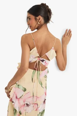 Robe Longue En Mousseline De Soie Froissée À Volants Et Imprimé Floral