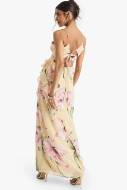 Robe Longue En Mousseline De Soie Froissée À Volants Et Imprimé Floral