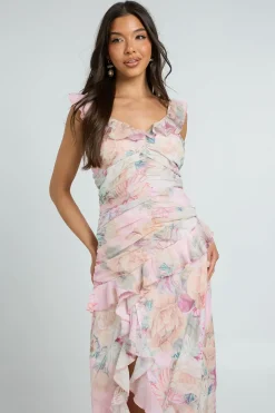 boohoo Robe Longue En Mousseline Fleurie Avec Taille Froncée Et Détails À Volants<Femme Robes Bal De Promo|Robes
