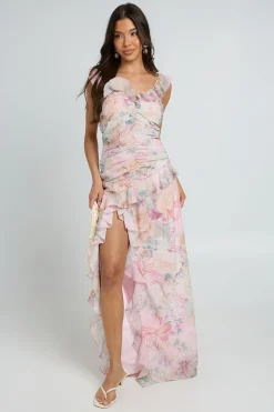 boohoo Robe Longue En Mousseline Fleurie Avec Taille Froncée Et Détails À Volants<Femme Robes Bal De Promo|Robes