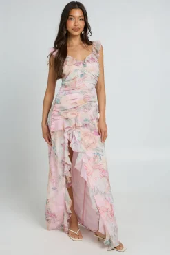 boohoo Robe Longue En Mousseline Fleurie Avec Taille Froncée Et Détails À Volants<Femme Robes Bal De Promo|Robes