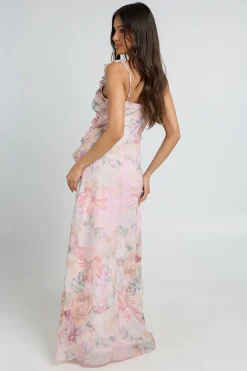 boohoo Robe Longue En Mousseline Fleurie Avec Taille Froncée Et Détails À Volants<Femme Robes Bal De Promo|Robes