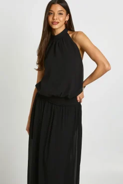 Robe Longue En Mousseline Froncée Taille Basse Col Licou
