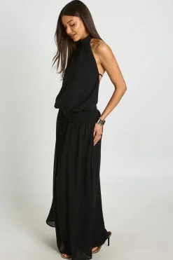 Robe Longue En Mousseline Froncée Taille Basse Col Licou