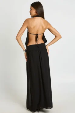 Robe Longue En Mousseline Froncée Taille Basse Col Licou