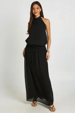 Robe Longue En Mousseline Froncée Taille Basse Col Licou