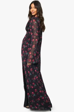 Robe Longue En Mousseline À Imprimé Floral Et Décolleté Plongeant