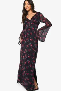 Robe Longue En Mousseline À Imprimé Floral Et Décolleté Plongeant