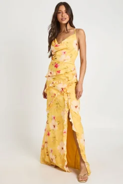 Robe Longue En Mousseline À Imprimé Floral Avec Col Drapé Et Détails À Volants