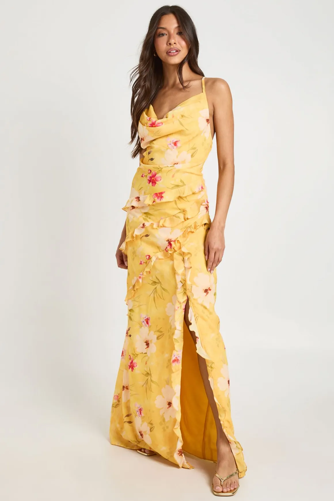 Robe Longue En Mousseline À Imprimé Floral Avec Col Drapé Et Détails À Volants