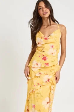 Robe Longue En Mousseline À Imprimé Floral Avec Col Drapé Et Détails À Volants