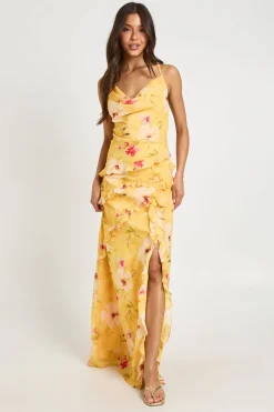 Robe Longue En Mousseline À Imprimé Floral Avec Col Drapé Et Détails À Volants