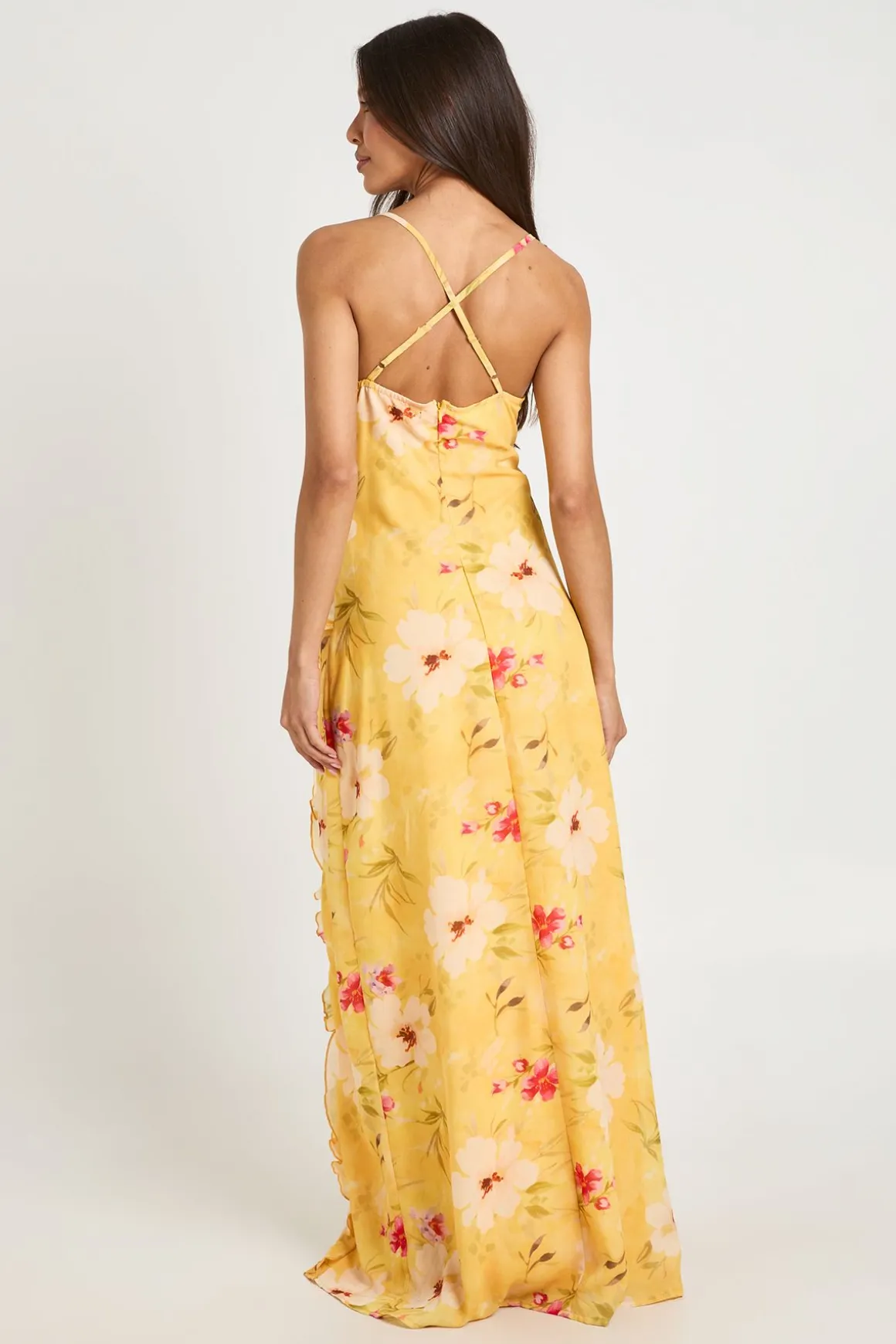 Robe Longue En Mousseline À Imprimé Floral Avec Col Drapé Et Détails À Volants
